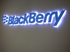 The Blackberry logo located in the lobby of the company's B building in Waterloo, Ont. on May 29, 2018. BlackBerry Ltd.'s losses eased in the second quarter compared with last year while its revenue dipped. The company, focused on cybersecurity and internet-enabled technology, says it had a net loss of US$54 million for the quarter ending August 31, compared with a net loss of US$144 million for the same quarter last year.
