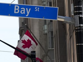 A Canadian flag flies in the Bay Street financial district in Toronto on Friday, August 5, 2022.