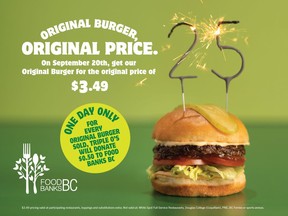 On September 20, to celebrate Triple O's 25th anniversary, Triple O's Original Burger will be available for its original price of $3.49. Triple O's will donate $0.50 to Food Banks BC for every Original Burger sold in British Columbia on September 20.