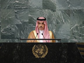 Foreign Minister of Saudi Arabia Prince Faisal bin Farhan Al Saud addresses the 77th session of the United Nations General Assembly, at U.N. headquarters, Saturday, Sept. 24, 2022.