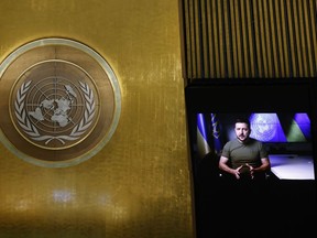 Ukrainian President Volodymyr Zelenskyy from video addresses the 77th session of the United Nations General Assembly, at U.N. headquarters, Wednesday, Sept. 21, 2022.