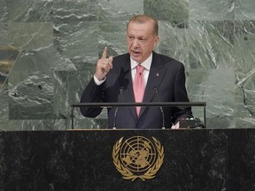 President of Turkey Recep Tayyip Erdogan addresses the 77th session of the United Nations General Assembly, Tuesday, Sept. 20, 2022 at U.N. headquarters.
