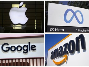 This photo combo of images shows logos for Apple, Meta, Google and Amazon. The House on Thursday, Sept. 29, 2022, approved sharply scaled-down legislation targeting the dominance of Big Tech companies by giving states greater power in antitrust cases and increasing money for federal regulators. The bipartisan measure, passed by a 242-184 vote, pales in comparison with a more ambitious package aimed at reining in Meta, Google, Amazon and Apple and cleared by key House and Senate committees.