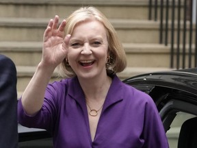 Liz Truss arrives at Conservative Central Office in Westminster after winning the Conservative Party leadership contest in London, Monday, Sept. 5, 2022. Liz Truss will become Britain's new Prime Minister after an audience with Britain's Queen Elizabeth II on Tuesday Sept. 6.