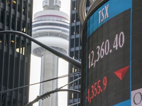 A sign board in Toronto displays the TSX close on Monday, March 16, 2020.