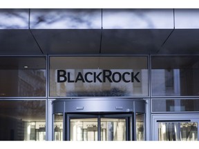 A logo sits on display at the entrance to the Blackrock Inc. offices in London, U.K., on Friday, Feb. 7, 2020. An early front-runner for a successor as the Bank of Canada governor is Jean Boivin, the head of BlackRock Inc.'s research unit in London and a Carney protege who was brought to the Bank of Canada in 2010 from academia. Photographer: Simon Dawson/Bloomberg
