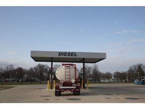 A tanker truck sits parked at a diesel fuel pump at a Phillips 66 gas station in Princeton, Illinois, U.S., on Wednesday, April 1, 2020. Even with the combination of some Canadian pullback, stripper wells going offline and announced shale cuts, that may not be enough to stop oil prices from going lower as demand craters and supply from OPEC means major increases in stockpiles in the second quarter.