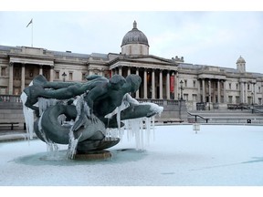 Cold temperatures cause the fountains of Trafalgar Square to freeze, 2021. Photographer: Chris Jackson/Getty Images