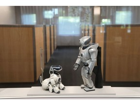 A Sony Corp. 'Aibo' robotic dog, left, and SDR-4X II small biped entertainment robot, the prototype of the Qrio robot, on display at the company's headquarters in Tokyo, Japan, on Wednesday, April 28, 2021. Sony Group Corp. is expected to post an impressive profit for the fiscal year ended March, but investors are expecting the firm to deliver cautious guidance for the current year as many markets move to a post-pandemic phase.