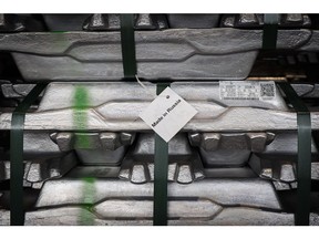A 'Made in Russia' tag on a bound stack of aluminium ingots in the foundry at the Khakas aluminium smelter, operated by United Co. Rusal, in Sayanogorsk, Russia, on Wednesday, May 26, 2021. United Co. Rusal International PJSC's parent said the company has produced aluminum with the lowest carbon footprint as the race for cleaner sources of the metal intensifies.