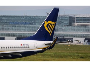 The tail fin of a Boeing Co. 737-8AS passenger aircraft, operated by Ryanair Holdings Plc, at Frankfurt Airport in Frankfurt, Germany, on Tuesday, June 8, 2021. Ryanair will tomorrow appeal the European Commission's decision in April 2020 to approve Covid-19-related aid in the form of a 550 million-euro German State-guaranteed loan to charter airline Condor.
