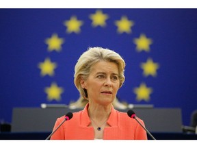 Ursula von der Leyen, president of the European Commission, delivers the State of Union 2021 address inside the Louise Weiss building, the principle seat of the European Parliament, in Strasbourg, France, on Wednesday, Sept. 15, 2021. During a closed-door meeting with European lawmakers, von der Leyen said the speech is an opportunity to show the Commission's actions were right and pointed to what the EU has achieved on recovery plans, vaccinations and the digital Covid-19 pass, according to officials present.