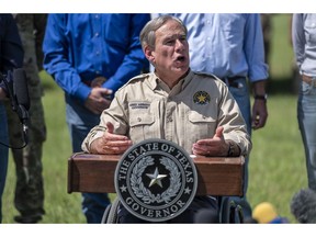 Greg Abbott, governor of Texas, speaks during a news conference in Mission, Texas, U.S., on Wednesday, Oct. 6, 2021. Abbott and Republican state chief executives from around the nation gathered at the border to again call attention to unauthorized immigration across the Rio Grande.