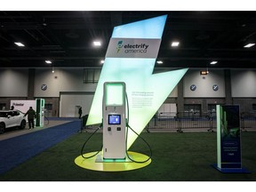 An Electrify America electric vehicle (EV) charging station during the Washington Auto Show in Washington, D.C., U.S., on Friday, Jan. 21, 2022. The auto show, designated as one of the nation's top five auto shows by the International Organization of Motor Vehicle Manufacturers, runs from January 21-30.
