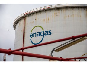 A storage tank at the Enagas SA gas storage and distribution hub at the Port of Barcelona in Barcelona, Spain, on Tuesday, March 29, 2022. The Iberian peninsula has only small gas connections to the rest of Europe, but has about 30% of the continent's liquefied natural gas regasification capacity and two pipelines linking it to northern Africa. Photographer: Angel Garcia/Bloomberg