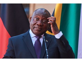 Cyril Ramaphosa, South Africa's president, during a news conference with Olaf Scholz, Germany's chancellor, at the Union Buildings in Pretoria, South Africa, on Tuesday, May 24, 2022. Scholz is visiting South Africa as part of his first African tour since becoming chancellor.