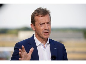 Guillaume Faury, chief executive officer of Airbus SE, Bloomberg Television interview on the opening day of the Farnborough International Airshow in Farnborough, UK, on Monday, July 18, 2022. The airshow, one of the biggest events in the global aerospace industry, runs through July 22.