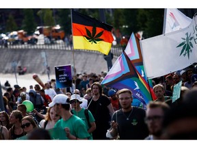BERLIN, GERMANY - AUGUST 13: Activists demonstrating for the legalisation of marijuana march in the annual Hemp Parade (Hanfparade) on August 13, 2022 in Berlin, Germany. So far owning, cultivating and selling cannabis in Germany is still illegal, though the current coalition government campaigned on cannabis legalisation and is scheduled to begin debating corresponding legislation in coming months.