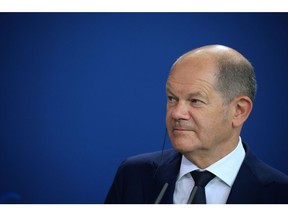 Olaf Scholz, Germany's chancellor, during a news conference with Palestinian Authority President Mahmoud Abbas in Berlin, Germany, on Tuesday, Aug. 16, 2022. Scholz and Abbas were speaking following their bi-lateral meeting in the German capital.