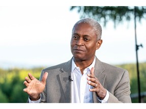Raphael Bostic, president and chief executive officer of the Federal Reserve Bank of Atlanta, speaks during a Bloomberg Television interview at the Jackson Hole economic symposium in Moran, Wyoming, US, on Friday, Aug. 26, 2022. Federal Reserve officials stressed the need to keep raising interest rates even as they reserved judgment on how big they should go at their meeting next month.
