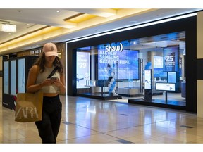 A Shaw store in the Pacific Centre shopping mall in Vancouver, British Columbia, Canada, on Tuesday, Sept. 6, 2022. Rogers Communications Inc. is still waiting to see if it can win regulatory approval for a takeover of a smaller Canadian cable company, 17 months after it was first announced.