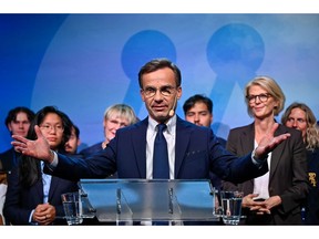Ulf Kristersson, leader of the Moderate Party, reacts during the party's election night event in Stockholm, Sweden, on Monday, Sept. 12, 2022. The vote came after a campaign dominated by skyrocketing electricity prices and soaring gun violence that are shaking Swedish society to the core.