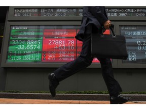 A pedestrian in front of an electronic stock board displaying the Shanghai Composite Index, left, and the Nikkei 225 Stock Average figures, middle, outside a securities firm in Tokyo, Japan, on Thursday, Sept. 15, 2022. Photographer: Noriko Hayashi/Bloomberg