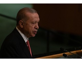 Tayyip Erdogan, Turkey's president, speaks during the United Nations General Assembly (UNGA) in New York, US, on Tuesday, Sept. 20, 2022. US President Biden, UK Prime Minister Truss and New Zealand Prime Minister Ardern are among the heads of state attending this year after Covid-19 moved the gathering online in 2020 and limited the in-person event in 2021.