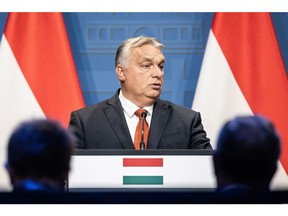 Viktor Orban, Hungary's prime minister, speaks during a news conference in Budapest, Hungary, on Monday, Oct. 3, 2022. Hungary's parliament is likely to approve Monday the first of more than a dozen anti-corruption measures that the government has vowed to implement to unlock billions of euros in European Union funds.