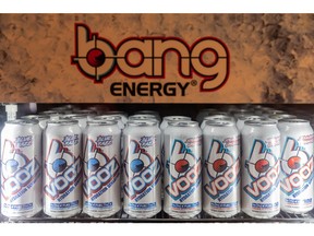 Bang Energy beverages during a BevNET event in New York, US, on Thursday, June 16, 2022. CEO Jack Owoc's brand came from nowhere and shot past $1 billion in annual sales, put a scare into Red Bull and Monster, and turned this man from Miami into a glitzy, hyped-up cross of business, Bible verses, science, sex appeal, and cocksure ostentation.