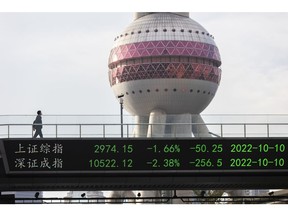 SHANGHAI, CHINA - OCTOBER 10: A man with protective mask walks on a pedestrian bridge which displays the numbers for the Shanghai Shenzhen stock indexes on October 10, 2022 in Shanghai, China.