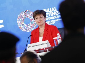 Kristalina Georgieva, managing director of the International Monetary Fund (IMF), speaks at a news conference during the annual meetings of the IMF and World Bank Group in Washington, DC, US, on Thursday, Oct. 13, 2022. The IMF this week warned of a worsening outlook for the global economy, highlighting that efforts to manage the highest inflation in decades may add to the damage from the war in Ukraine and China's slowdown.