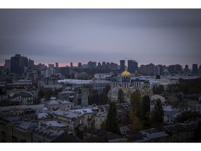 Saint Volodymyr's Cathedral at dawn in Kyiv, Ukraine, on Oct. 19, 2022 in Kyiv, Ukraine. Recent Russian attacks around Kyiv and across Ukraine have targeted power plants, killing civilians and employees of the key infrastructure.