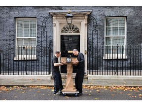 A lectern is installed in front of 10 Downing Street on Oct. 20, 2022.