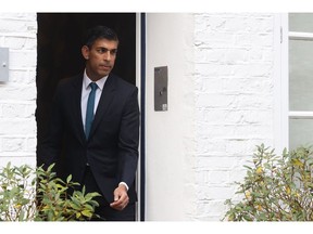 Rishi Sunak, UK member of parliament, departs his home in London, UK, on Friday, Oct. 21, 2022. The Conservative Party is desperate to draw a line under Liz Truss's disastrous premiership, with a rapid leadership contest aimed at trying to give the winner a shot at overturning an unprecedented deficit in the polls.