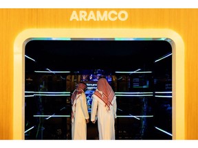 The Saudi Aramco booth on day two of the Future Investment Initiative (FII) conference in Riyadh, Saudi Arabia, on Wednesday, Oct. 26, 2022. Saudi Arabia hopes the FII will put Riyadh on the map as a global destination for deals, while also improving domestic investment, which has been limited.