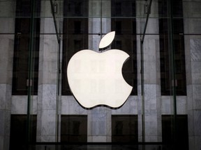 An Apple logo at a store in New York City.