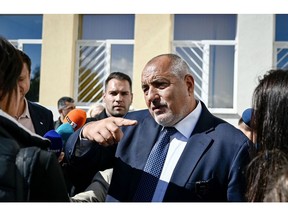 Boyko Borisov speaks to the media after voting at a polling station during the parliamentary elections in Sofia, Bulgaria on Oct. 2, 2022. Photographer: Nikolay Doychinov/AFP/Getty Images
