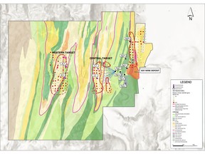 Figure 1. Road construction currently underway from drill Pad 1 to planned pads C1 and C2, which will allow testing of the Central Target. Permitting is in progress for planned pads W1 and W2, which will allow drill testing of the Western Target.