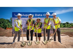 GTA held a groundbreaking ceremony to mark the start of construction of the Alupang Data Center in Tamuning, Guam. PHOTO (L-R) Benjamin Wu, Partner, Huntsman Family Investments (HFI); Roland Certeza, President and CEO, GTA; Governor Lourdes Leon Guerrero, Governor of Guam; Paul Huntsman, President and CEO of Huntsman Family Investments (HFI) and GTA Board Chairman; David John, Board Director, GTA