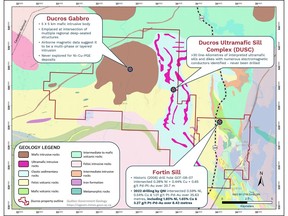 Figure 1. Geology plan map of Québec Nickel's Ducros property (dark red outline) along with the locations of the primary Ni-Cu-PGE exploration target areas. The regional geology is sourced from the Government of Québec's online SIGÉOM database.