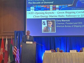 Christopher J. Wiernicki, ABS Chairman, President and CEO, delivers the keynote address focused on green shipping corridors at the 2022 SHIPPINGInsight conference in Stamford, CT.