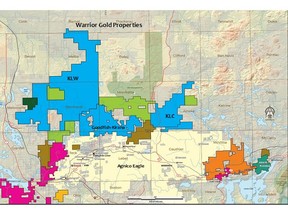 Figure 1. Warrior Gold's land position in the Kirkland Lake gold camp (map from DigiData/EarthLabs).