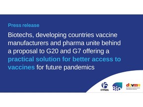 BIO, DCVMN, IFPMA: Biotechs, developing countries vaccine manufacturers and pharma unite behind a proposal to G20 and G7 offering a practical solution for better access to vaccines for future pandemics