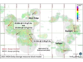 Figure 1. Location of 2022 PQ Metallurgical test holes and resource zones in the Doby George deposit