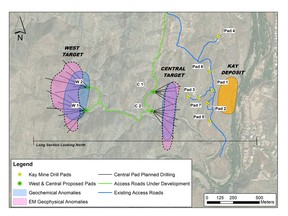 Figure 1. Permits have been received for pads W1 and W2 at the Western Target. Pads C1 and C2 at the Central Target were permitted in June 2022, and road construction is currently underway.