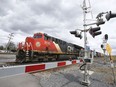 A Canadian National Railway locomotive pulls a train in Montreal.