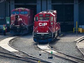 CP trains at a rail yard in Calgary.