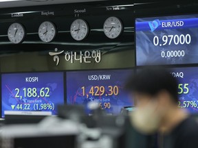 A currency trader stands near the screens showing the Korea Composite Stock Price Index (KOSPI), left, and the foreign exchange rate between U.S. dollar and South Korean won at a foreign exchange dealing room in Seoul, South Korea, Tuesday, Oct. 11, 2022.