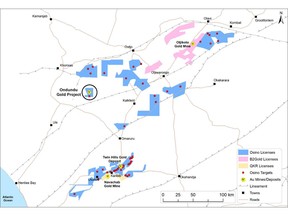 Ondundu Gold Project location relative to Osino's Namibian ground holdings